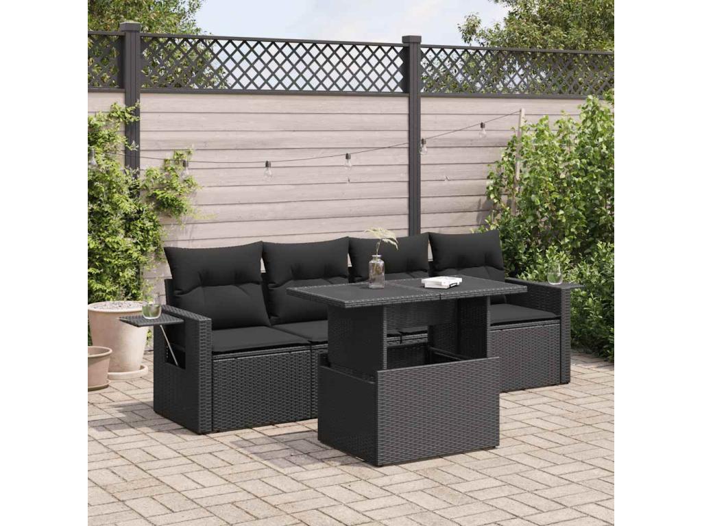Ensemble de mobilier de jardin noir 5 pièces avec coussins, 55 x 69 x 62 cm