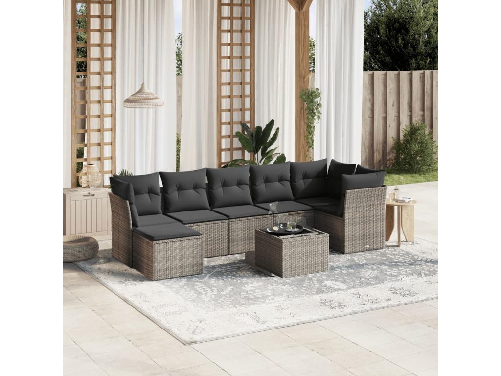 Ensemble de mobilier de jardin gris 8 pièces avec coussins, 62 x 69 x 62 cm