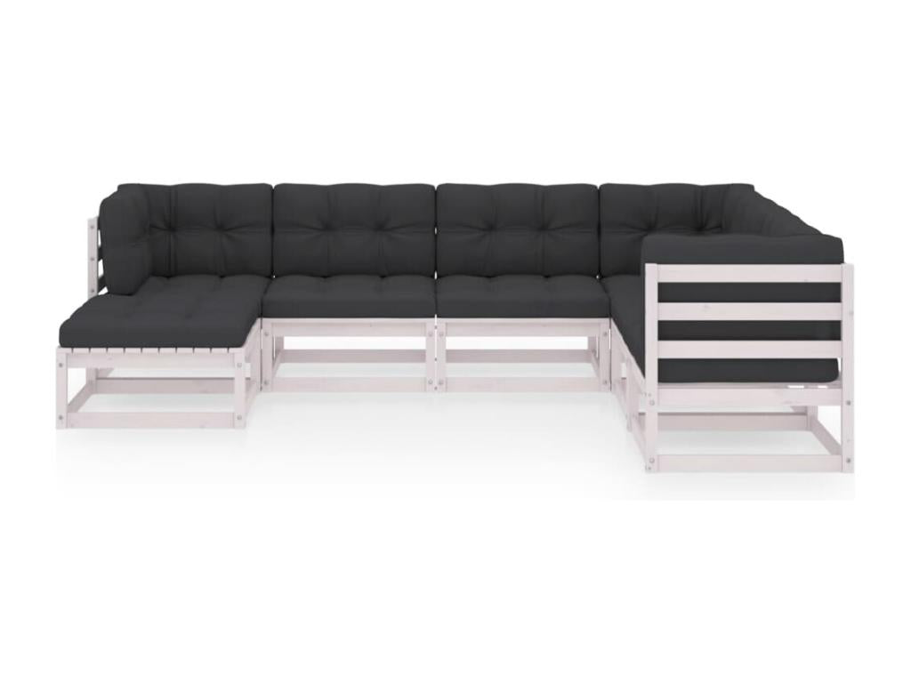 Ensemble de mobilier de jardin 7 pièces en pin blanc avec coussins, 70 x 70 x 67 cm