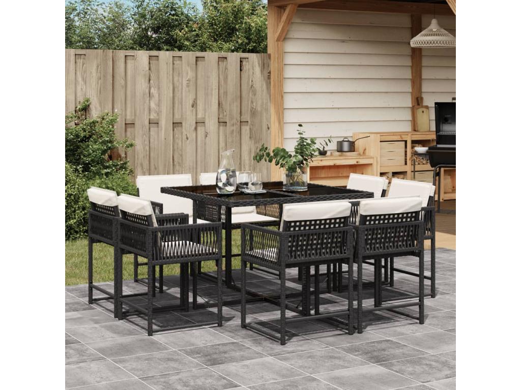 Ensemble de mobilier de jardin noir 9 pièces avec coussins, 55 x 69 x 62 cm