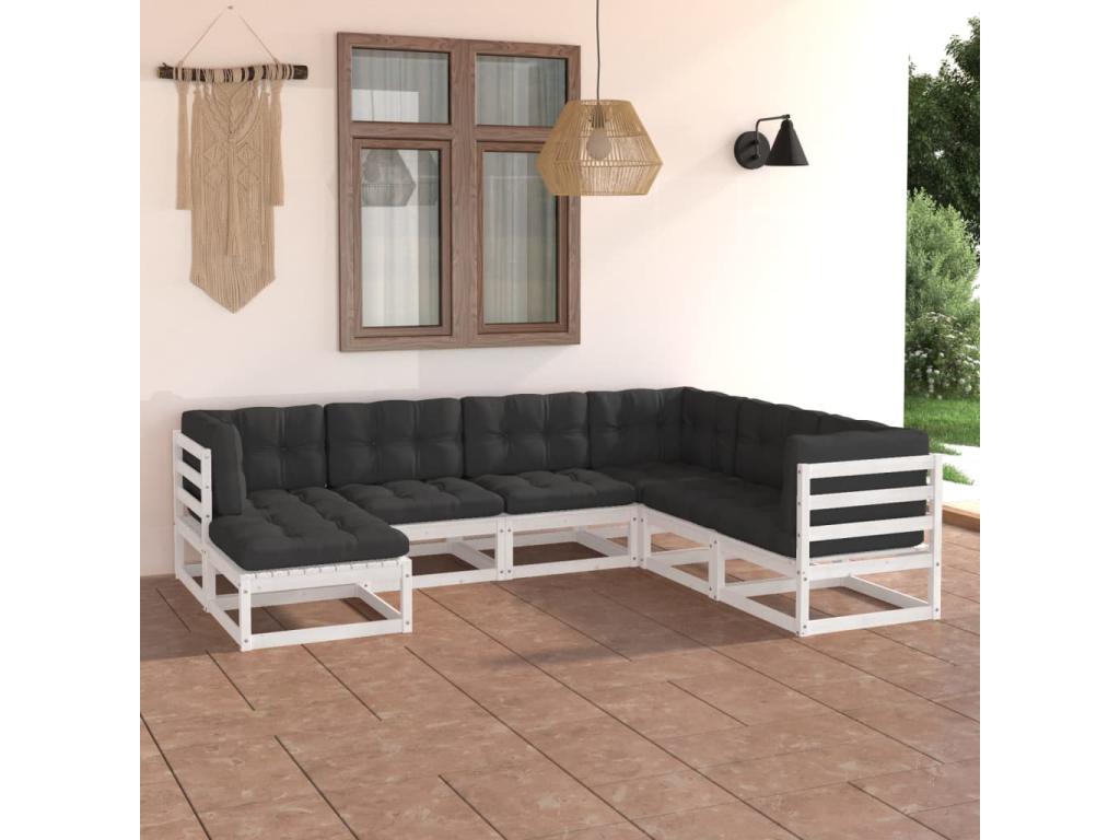 Ensemble de mobilier de jardin 7 pièces en pin blanc avec coussins, 70 x 70 x 67 cm