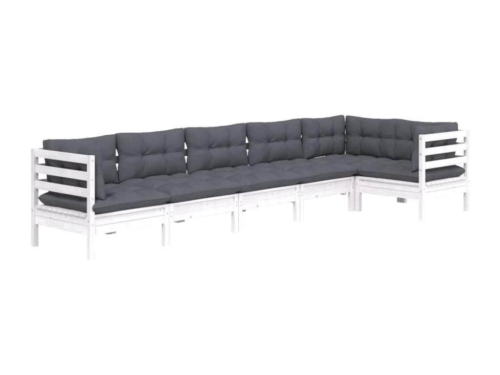 Ensemble de mobilier de jardin 6 pièces en pin blanc avec coussins, 63,5 x 63,5 x 62,5 cm
