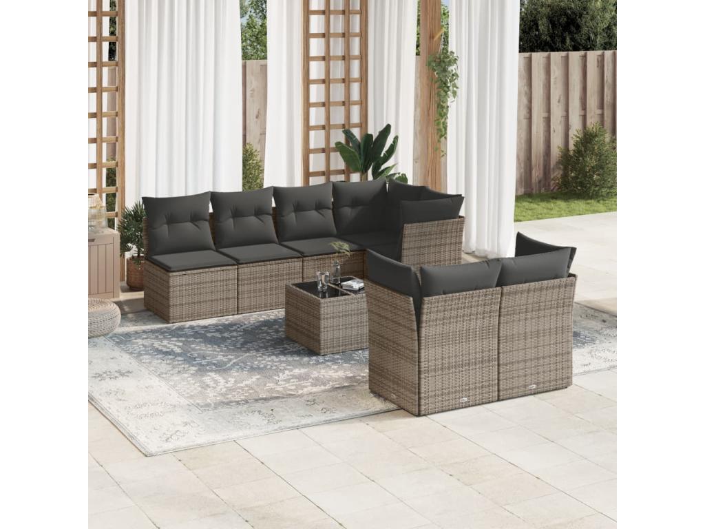 Ensemble de mobilier de jardin gris 8 pièces avec coussins, 55 x 62 x 69 cm