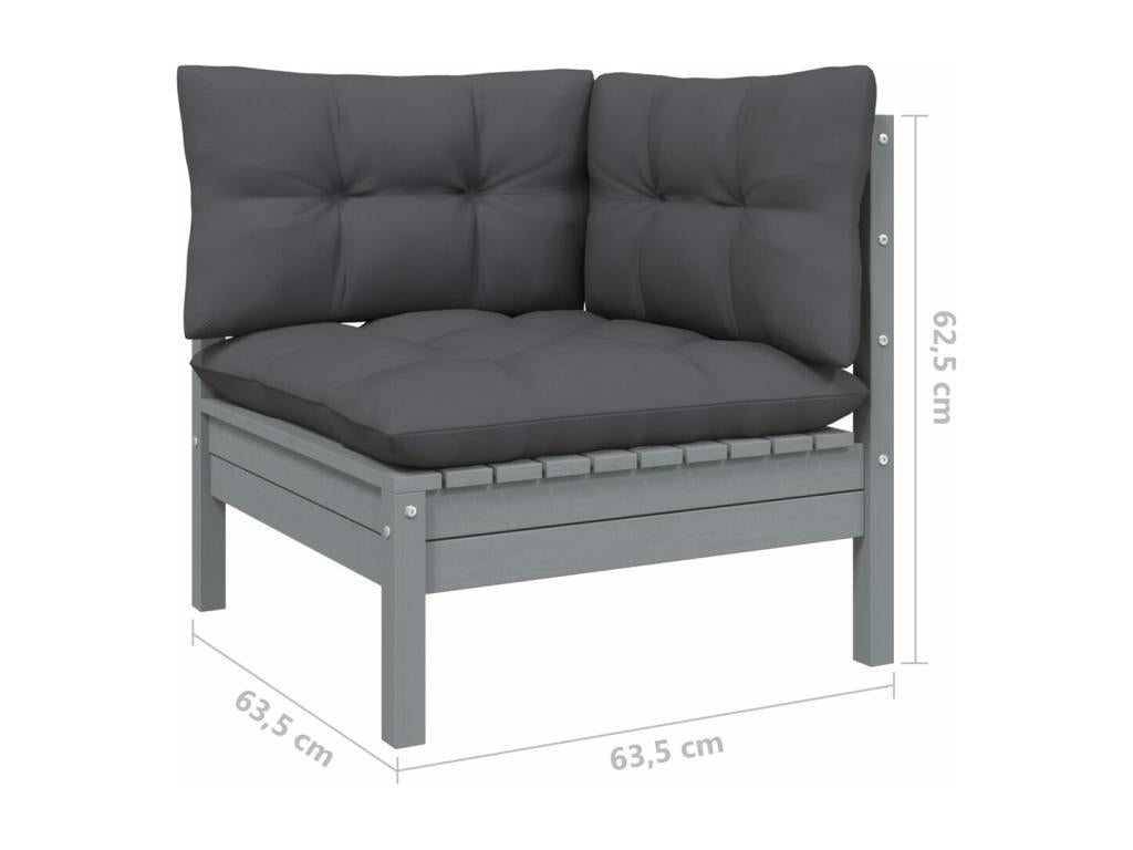 Ensemble de mobilier de jardin 6 pièces en pin gris avec coussins, 70 x 70 x 60,5 cm