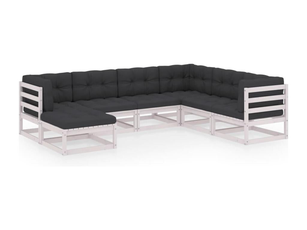 Ensemble de mobilier de jardin 7 pièces en pin blanc avec coussins, 70 x 70 x 67 cm