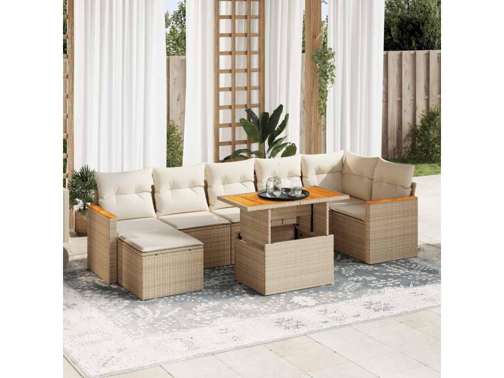 Ensemble de mobilier de jardin beige 8 pièces avec coussins, 62 x 69 x 62 cm