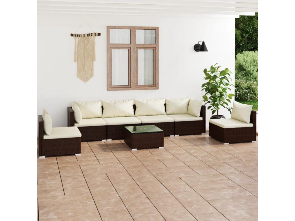Ensemble de mobilier de jardin marron 7 pièces avec coussins, 63,5 x 63,5 x 28,5 cm