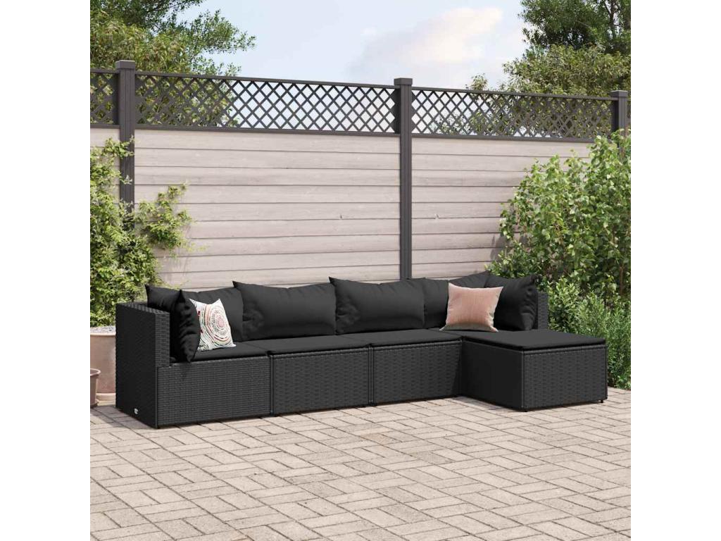 Ensemble de mobilier de jardin noir 5 pièces avec coussins, 165 x 72 x 107 cm