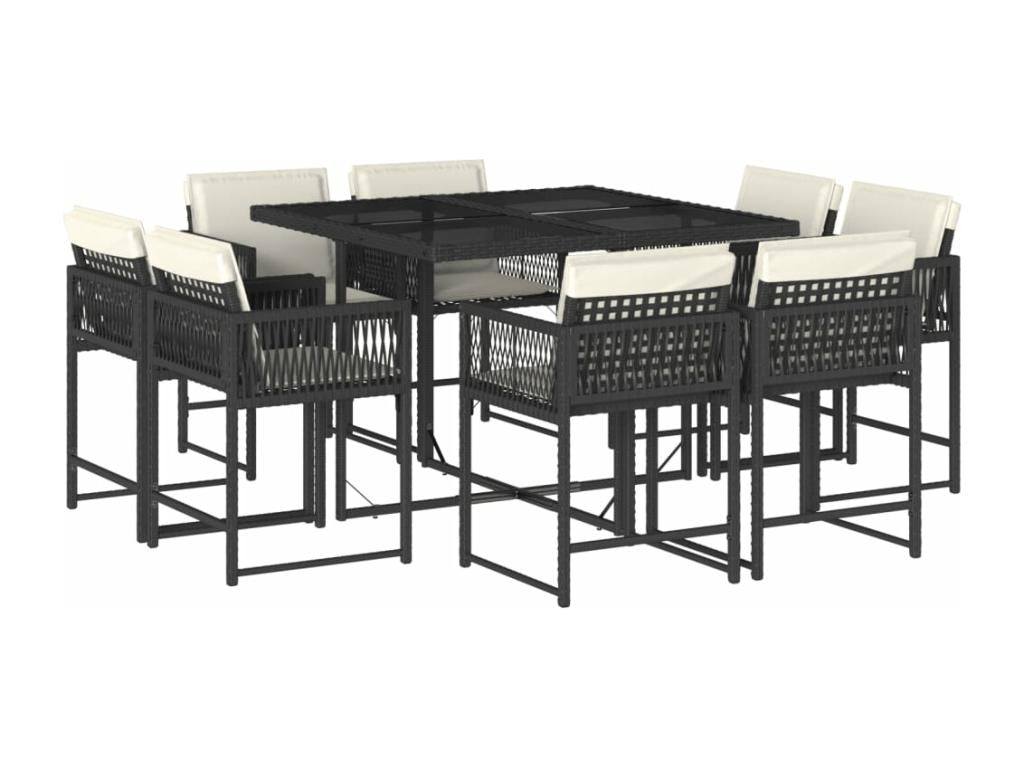 Ensemble de mobilier de jardin noir 9 pièces avec coussins, 55 x 69 x 62 cm