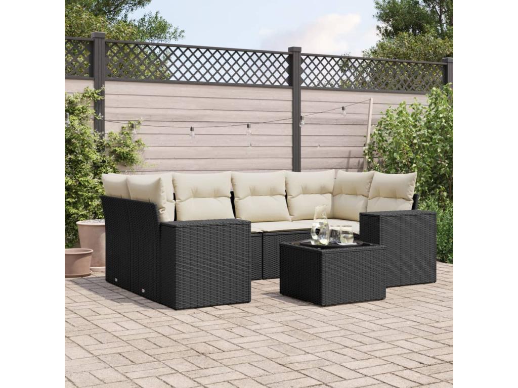 Ensemble de mobilier de jardin noir 7 pièces avec coussins, 65,5 x 62 x 69 cm