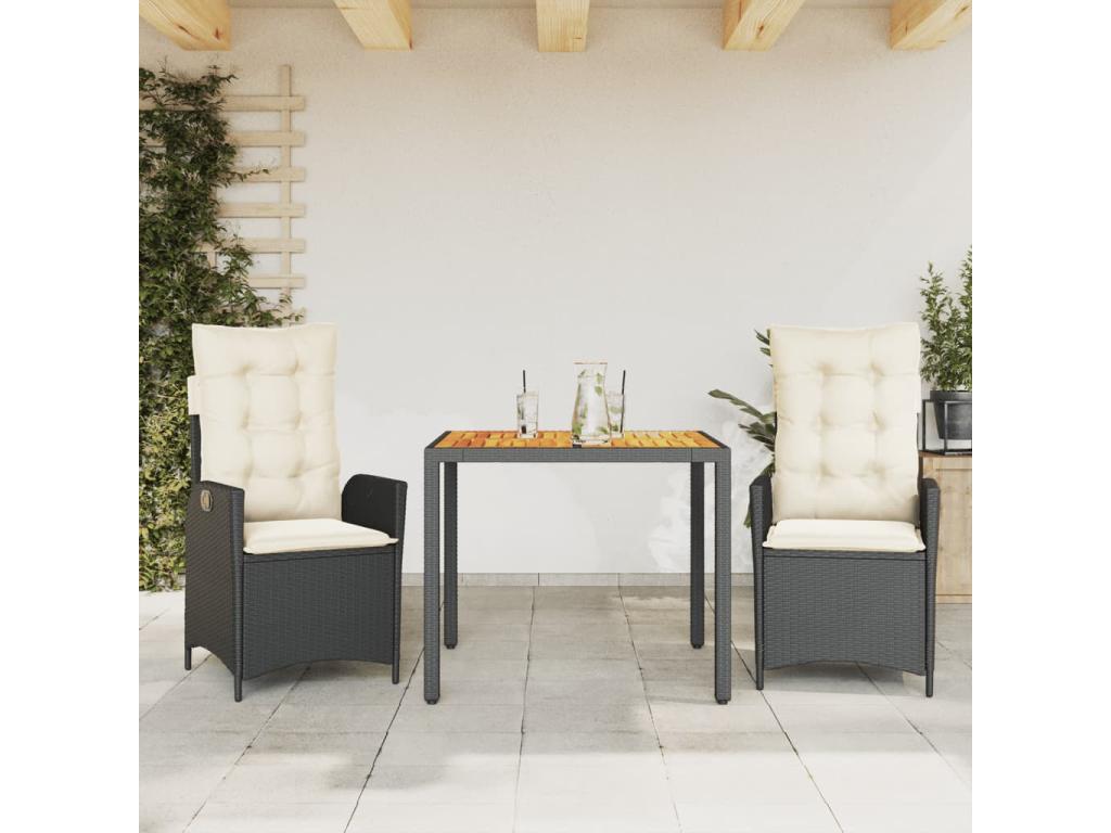 Ensemble de mobilier de jardin noir 3 pièces avec coussins, 165 x 73 x 106 cm