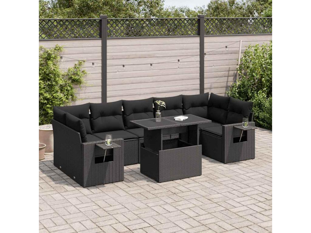 Ensemble de mobilier de jardin noir 8 pièces avec coussins, 100 x 55 x 73 cm