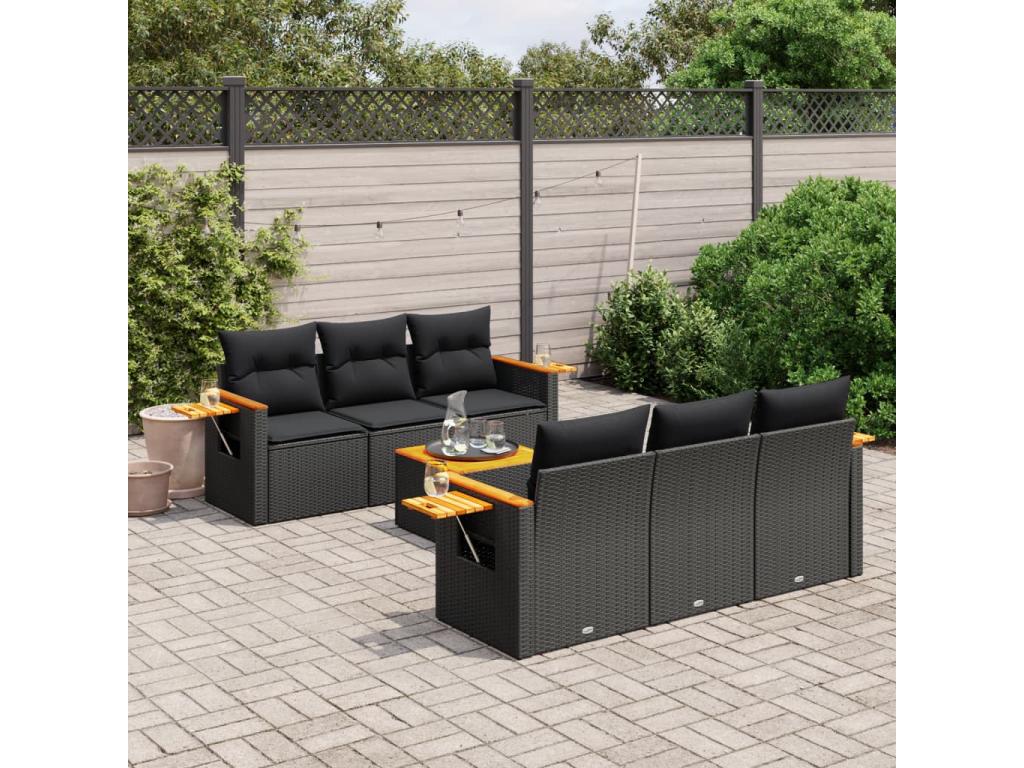 Ensemble de mobilier de jardin noir 7 pièces avec coussins, 71 x 62 x 69 cm