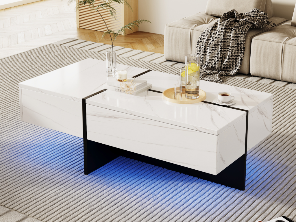 Table basse en marbre blanc avec éclairage LED, 100 x 50 x 34,5 cm