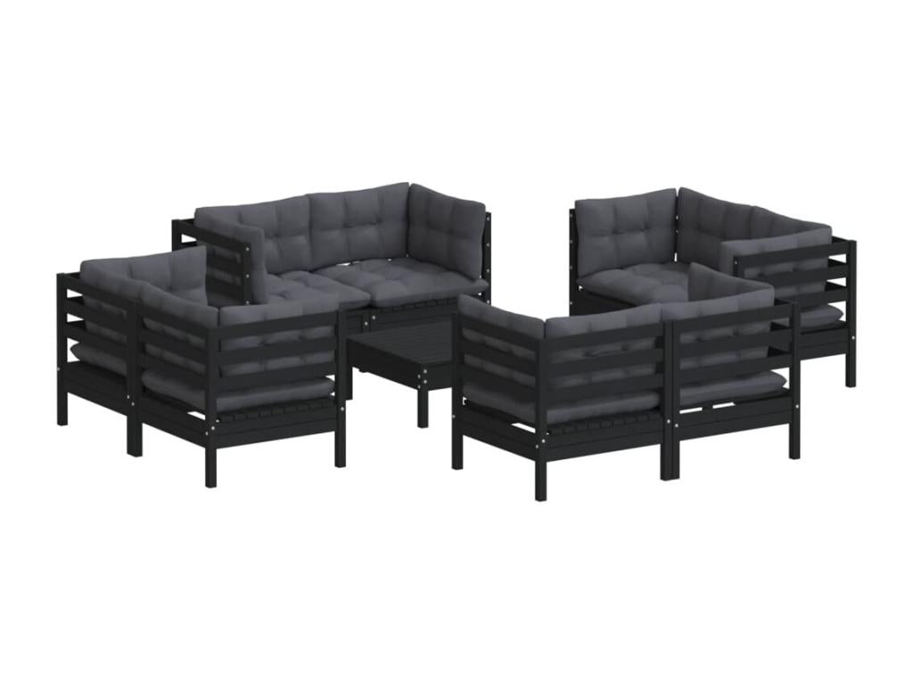 Ensemble de mobilier de jardin 9 pièces en pin noir avec coussins, 63,5 x 63,5 x 28,5 cm