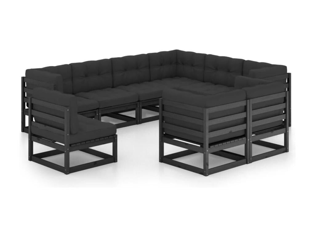 Ensemble de mobilier de jardin 9 pièces en pin noir avec coussins, 63,5 x 63,5 x 62,5 cm
