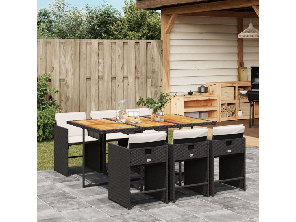 Ensemble de mobilier de jardin noir 7 pièces avec coussins, 62 x 69 x 62 cm