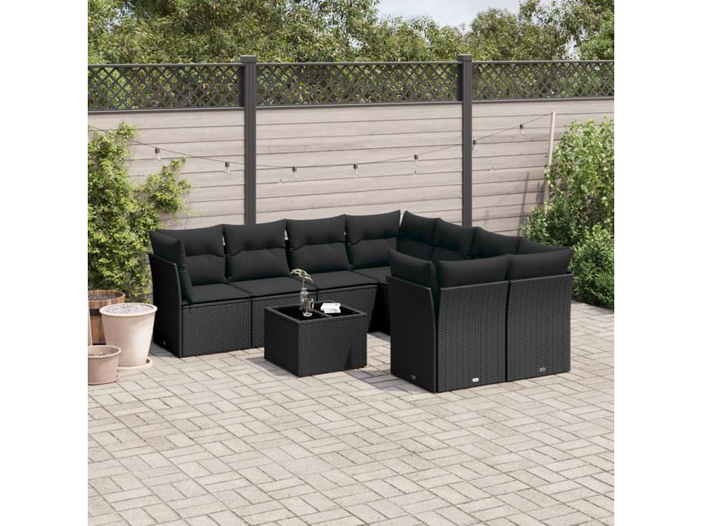 Ensemble de mobilier de jardin noir 9 pièces avec coussins, 55 x 62 x 69 cm - dlz1766569176560