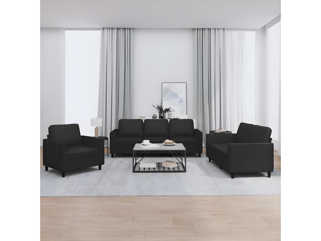 Canapé noir 3 pièces avec coussins, 200 x 77 cm