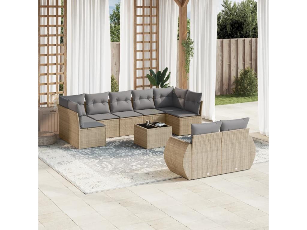 Ensemble de mobilier de jardin beige 10 pièces avec coussins, 62 x 62 x 69 cm