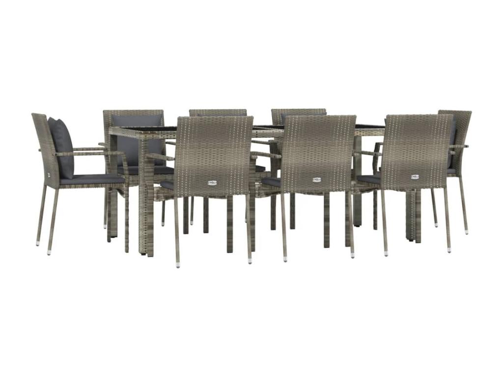 Ensemble de mobilier de jardin gris 9 pièces avec coussins, 190 x 90 x 75 cm