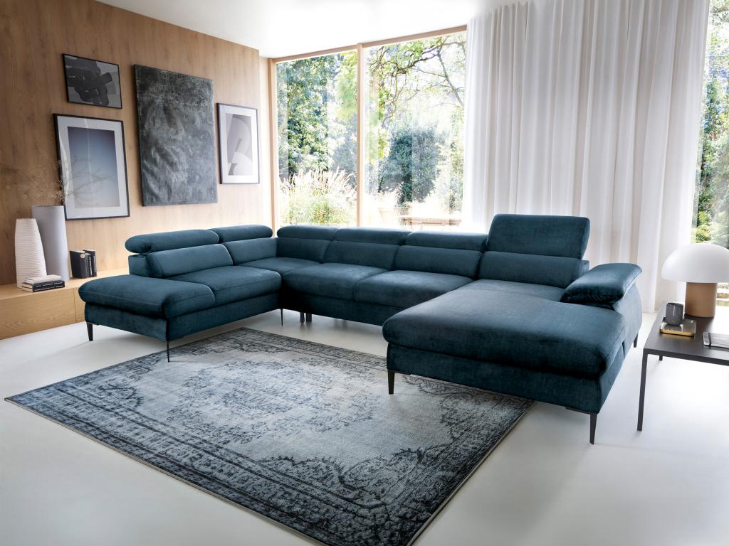 Canapé-lit en velours bleu, 353 x 214 x 75 cm