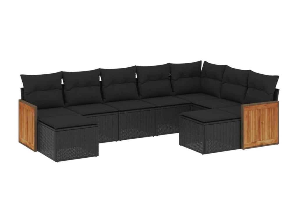 Ensemble de mobilier de jardin noir 9 pièces avec coussins, 55 x 62 x 69 cm