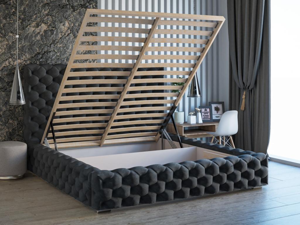 Cadre de lit coffre en velours noir, 230 x 205 x 105 cm