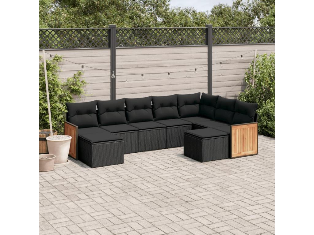 Ensemble de mobilier de jardin noir 9 pièces avec coussins, 55 x 62 x 69 cm