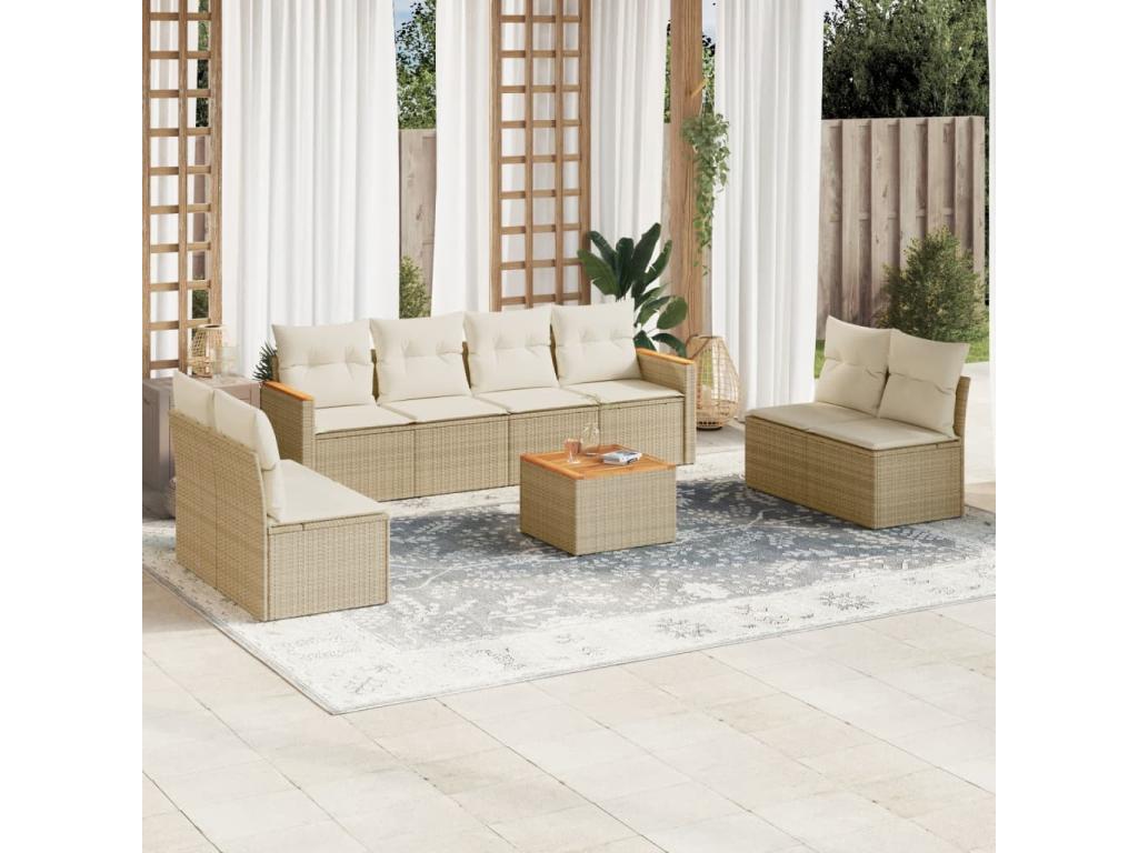Ensemble de mobilier de jardin beige 9 pièces avec coussins, 55 x 55 x 37 cm