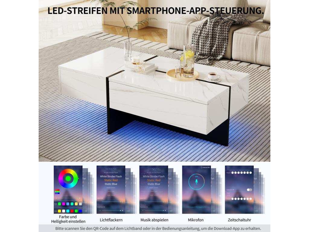 Table basse en marbre blanc avec éclairage LED, 100 x 50 x 34,5 cm