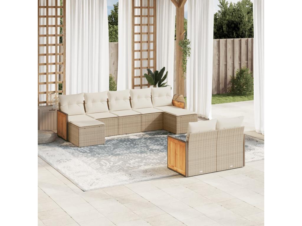 Ensemble de mobilier de jardin beige 9 pièces avec coussins, 55 x 62 x 69 cm