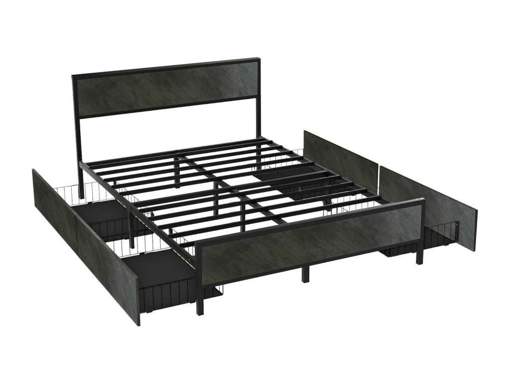 Cadre de lit en métal gris à 4 tiroirs, 195 x 162 x 103 cm