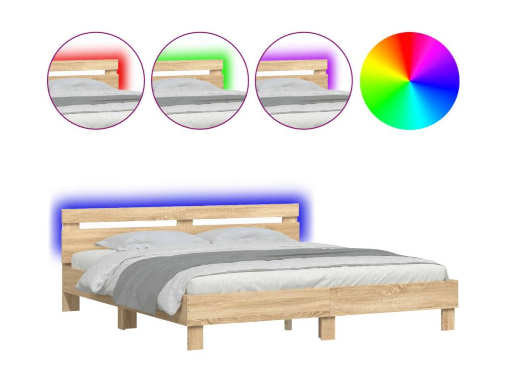 Cadre de lit naturel avec éclairage LED, 203 x 165 x 70 cm