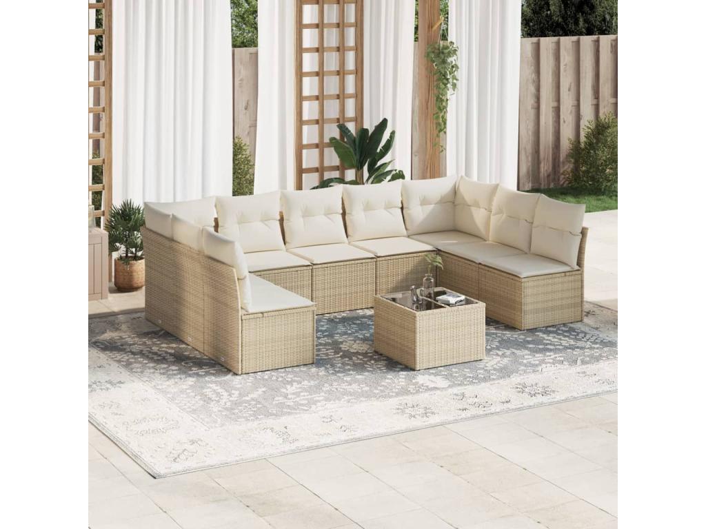 Ensemble de mobilier de jardin beige 10 pièces avec coussins, 55 x 55 x 37 cm