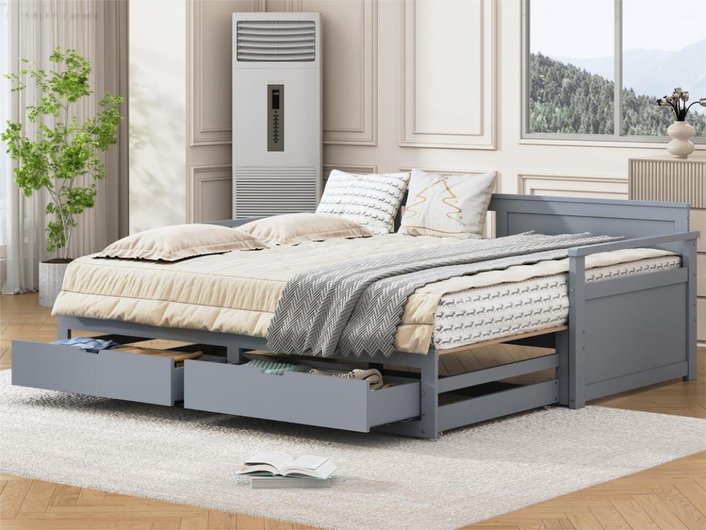 Cadre de lit en bois massif gris, 2 tiroirs, 197,5 x 184,5 x 76,5 cm