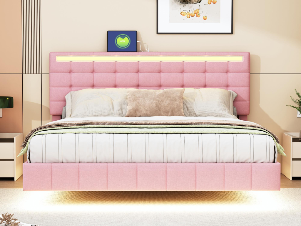 Cadre de lit en tissu rose avec éclairage LED, 216 x 172 x 105 cm