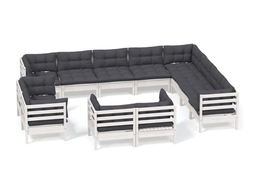 Ensemble de mobilier de jardin 12 pièces en pin blanc avec coussins, 63,5 x 63,5 x 62,5 cm