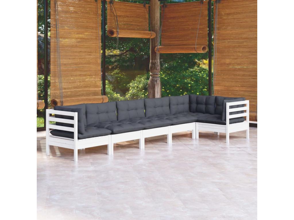 Ensemble de mobilier de jardin 6 pièces en pin blanc avec coussins, 63,5 x 63,5 x 62,5 cm