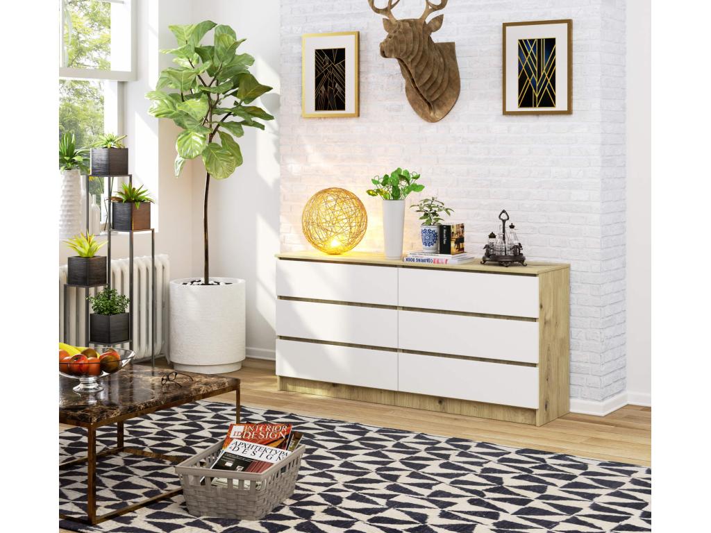 Commode blanche à 6 tiroirs, 160 x 40 x 77 cm