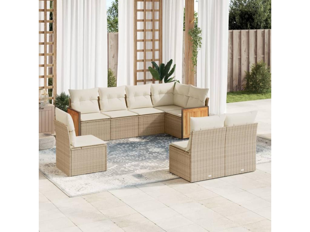 Ensemble de mobilier de jardin beige 8 pièces avec coussins, 62 x 62 x 69 cm
