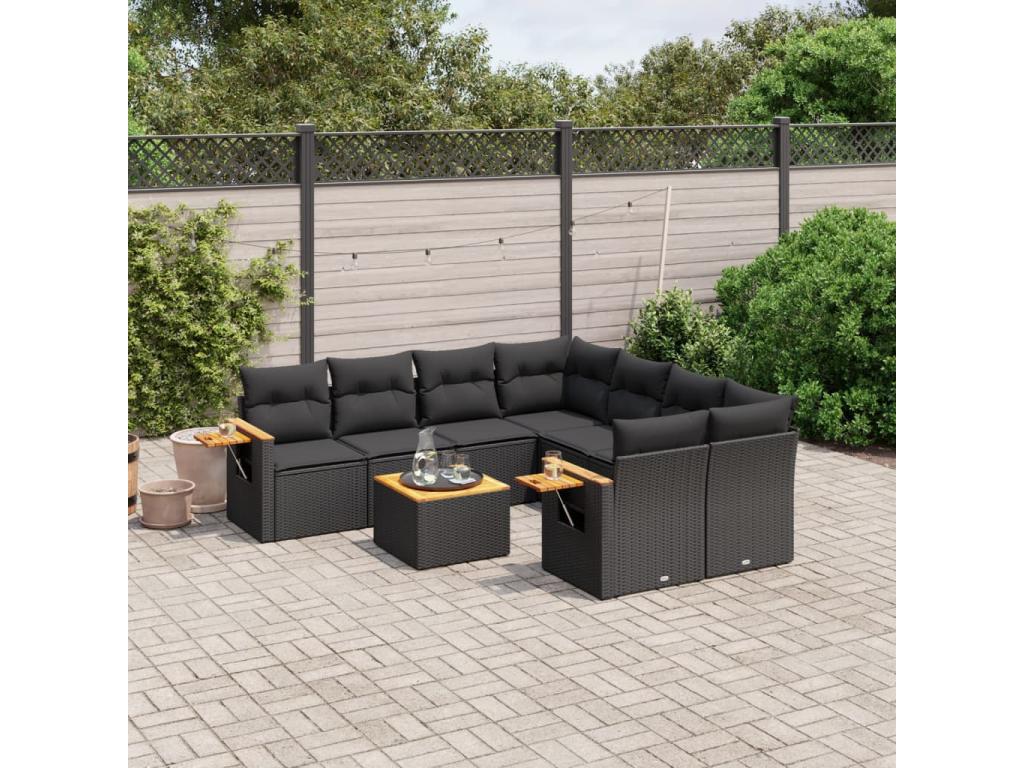 Ensemble de mobilier de jardin noir 9 pièces avec coussins, 85 x 62 x 69 cm