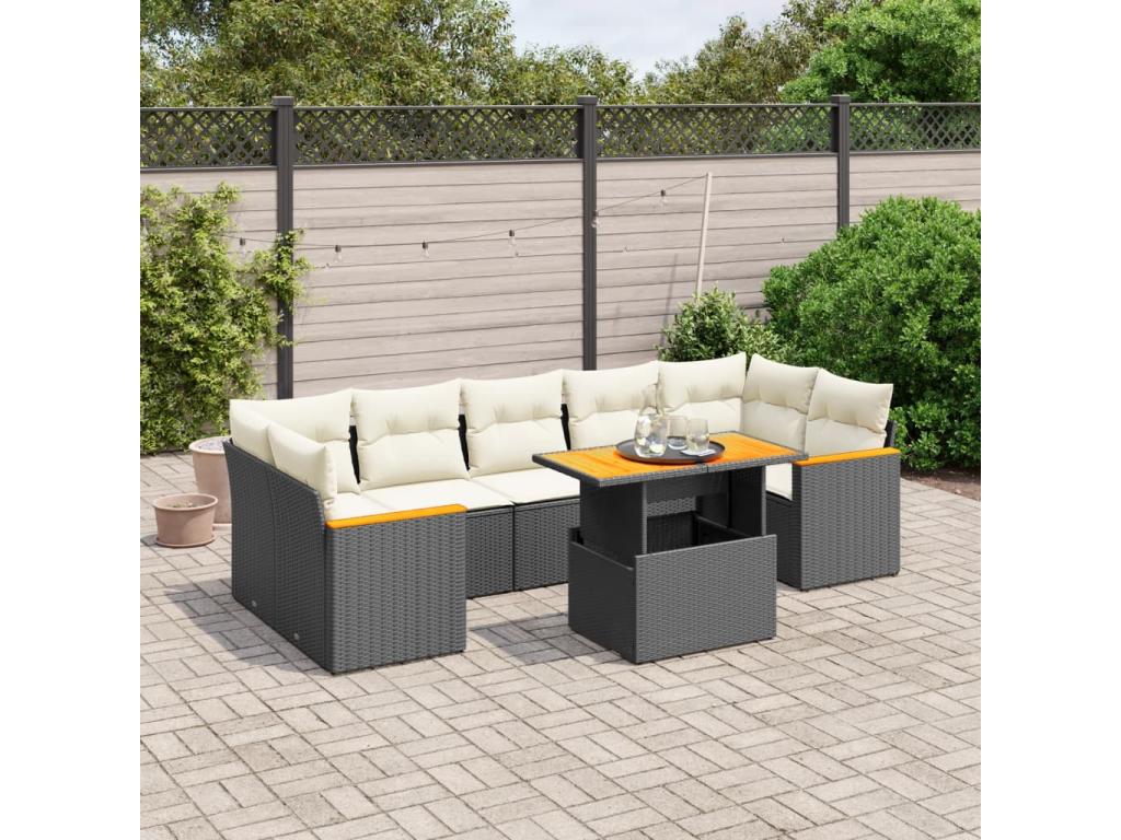 Ensemble de mobilier de jardin noir 8 pièces avec coussins, 55 x 55 x 37 cm