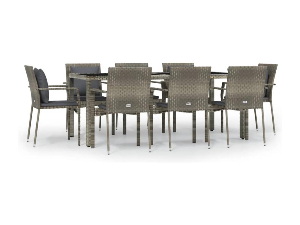 Ensemble de mobilier de jardin gris 9 pièces avec coussins, 190 x 90 x 75 cm