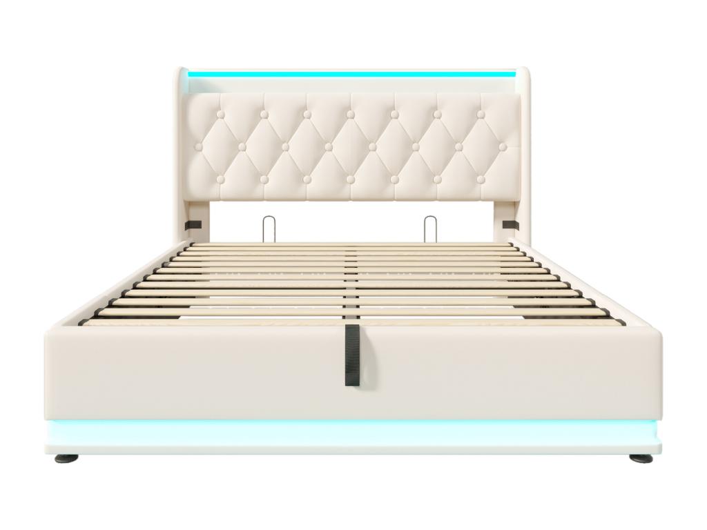 Cadre de lit coffre en similicuir blanc avec rangement et éclairage LED, 220 x 194 x 104 cm
