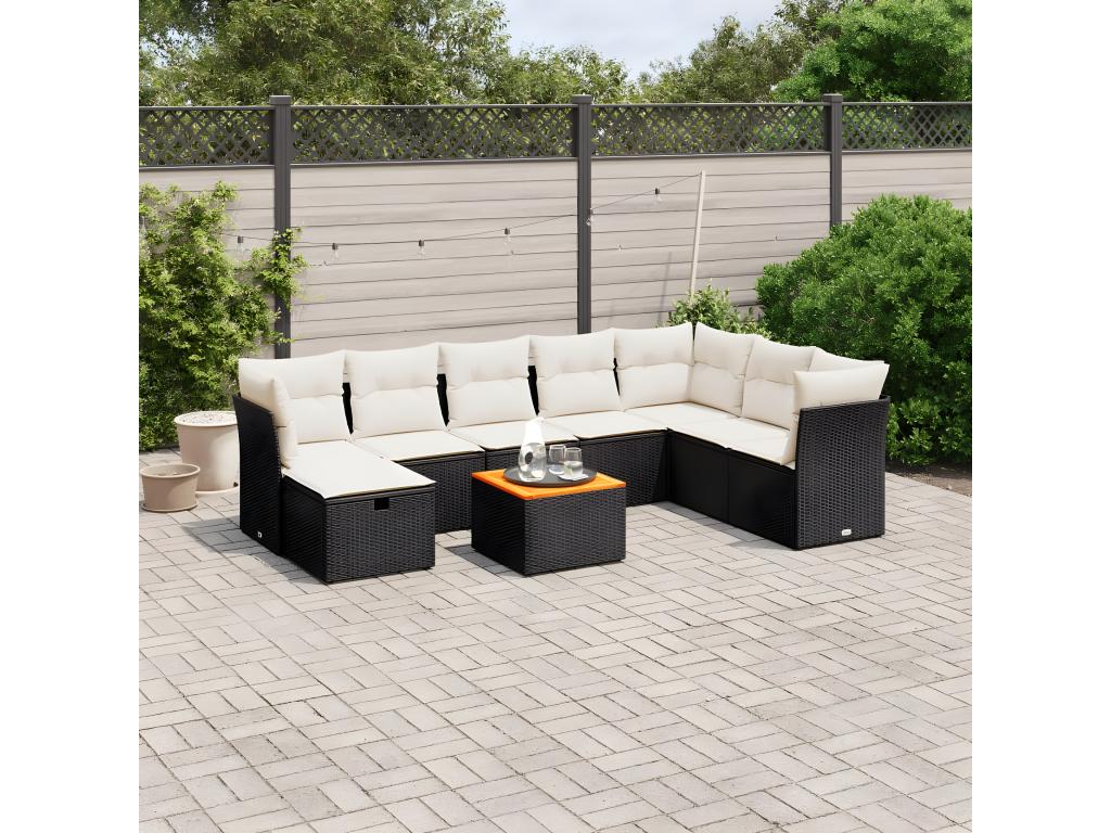 Ensemble de mobilier de jardin noir 9 pièces avec coussins, 55 x 55 x 37 cm